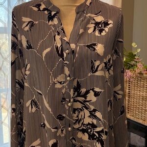 Blue and White Floral Striped Button-Up Blouse